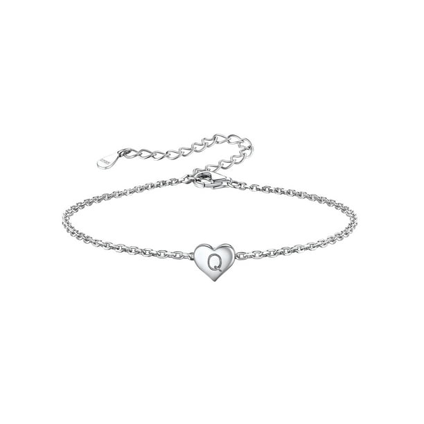 Pulsera de corazón inicial Silvora Pulseras de dijes Pulseras de cadena de plata de ley 925 Letra Q