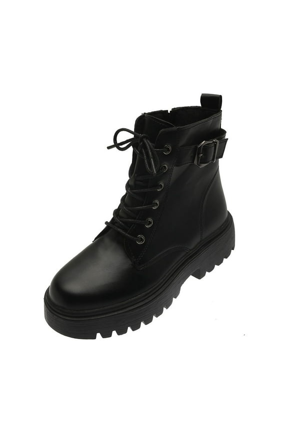 Women's Boots Women Shoes Hasp Mid Heel Flat Bottom Zipper Laceing Mid Calf Boots Fashion Plus Velvet Leather Short Boots Black