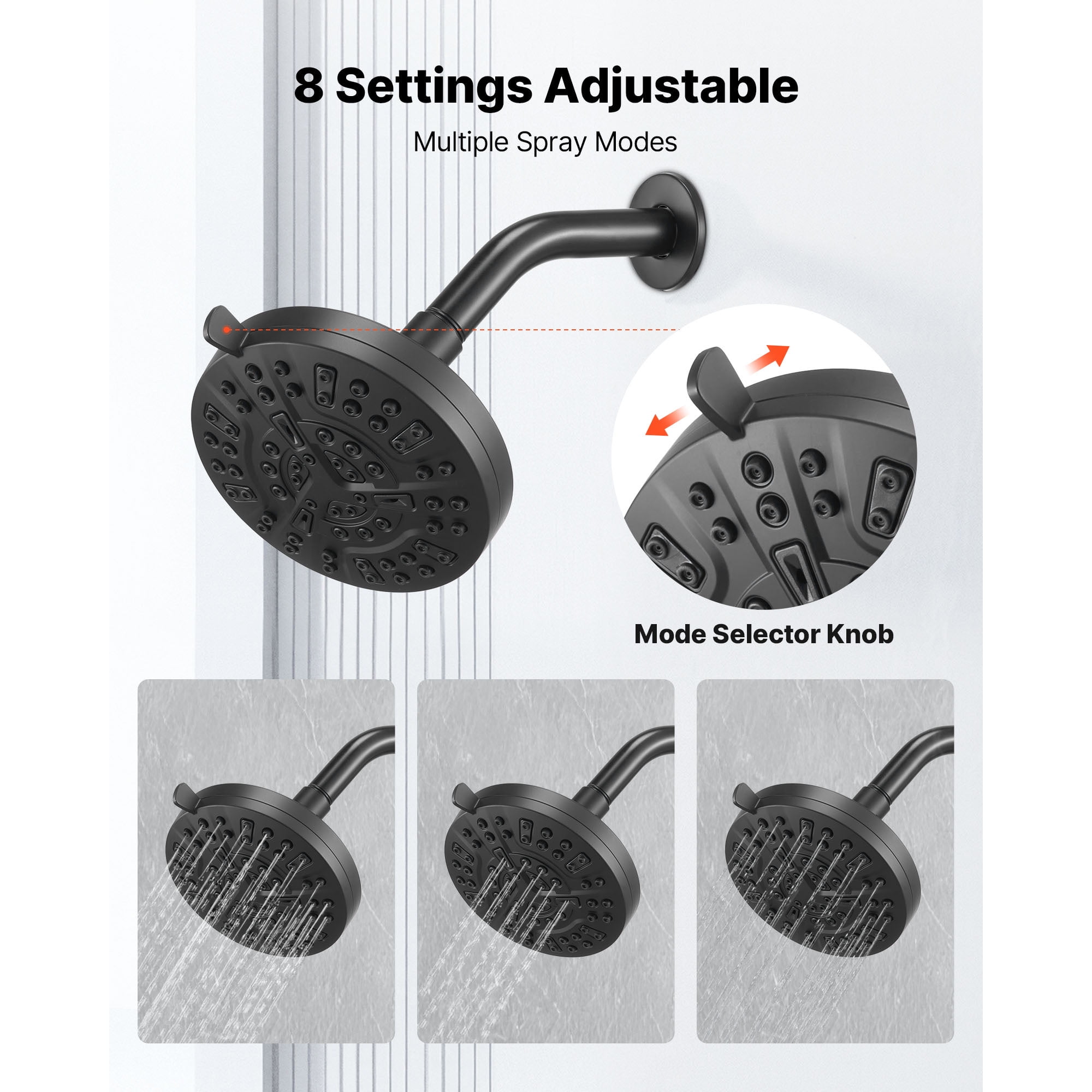 KFFKFF Tub and Shower Faucet Set with 5-Inch Rainfall Shower Head, Bathtub Spout, 8-Spray Adjustable Settings, Single-Handle Trim Kit, and Brass Pressure Balance Valve, Matte Black Finish