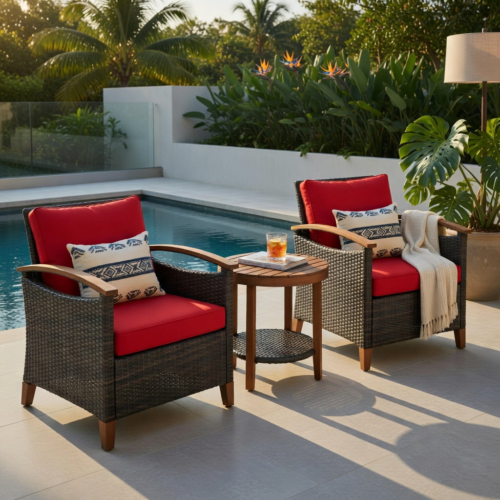 Hommoo 3-Piece Outdoor Rattan Patio Furniture Set with Washable Cushions & Acacia Wood Table, Red