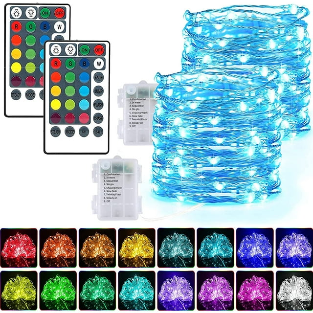 Fairy String Lights Battery Operated, 2 Pack 50 LEDs 16 Colors Changing Sliver Wire Lights, Larger RGB Bulb Super Bright Lights with Remote Control for Christmas Bedroom Party Outdoor Decoration