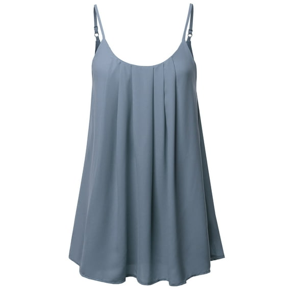 A2Y Women's Relaxed Fit Wool Dobby Woven Double Layer Spaghetti Cami Pleated Top Cement S