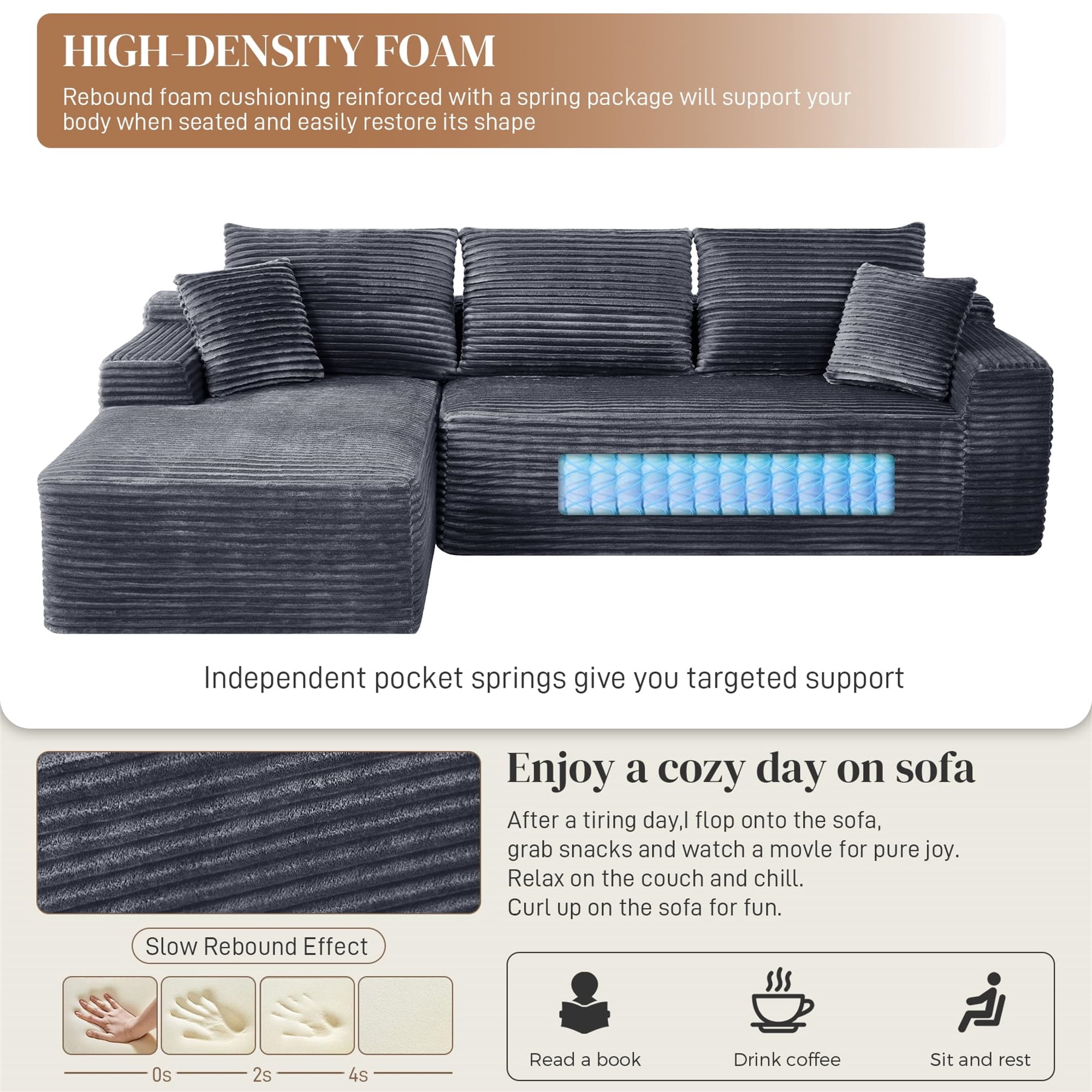 Aukfa 108" Cloud Sectional Sofa Deep Seat Boneless Couch Modular L-Shaped Couch, Left Chaise Corduroy Sofa for Living Room, Gray