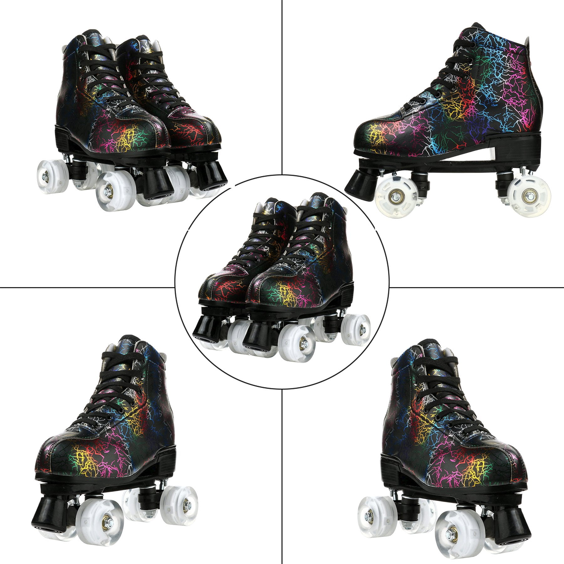 EONROACOO Boys Girls Roller Skates for Kids Teen, Light up Black Double Row Skates(Youth 4/Women's 4.5/Men 4)