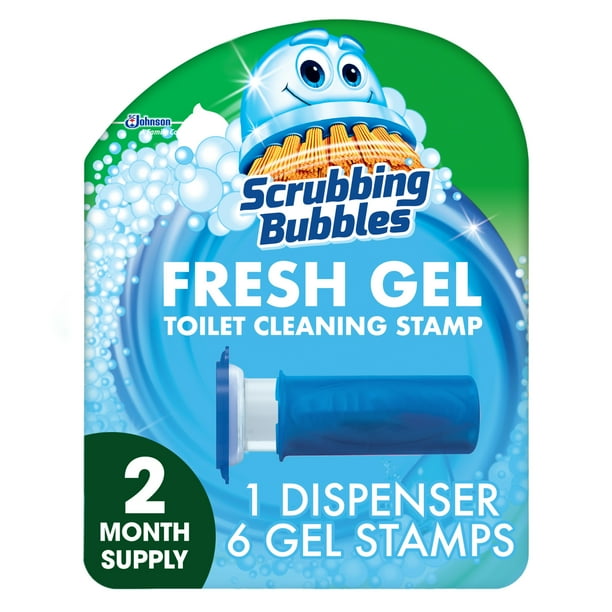 Scrubbing Bubbles Fresh Gel Toilet Cleaning Stamp, Rainshower, Dispenser with 6 Gel Stamps, 1.34