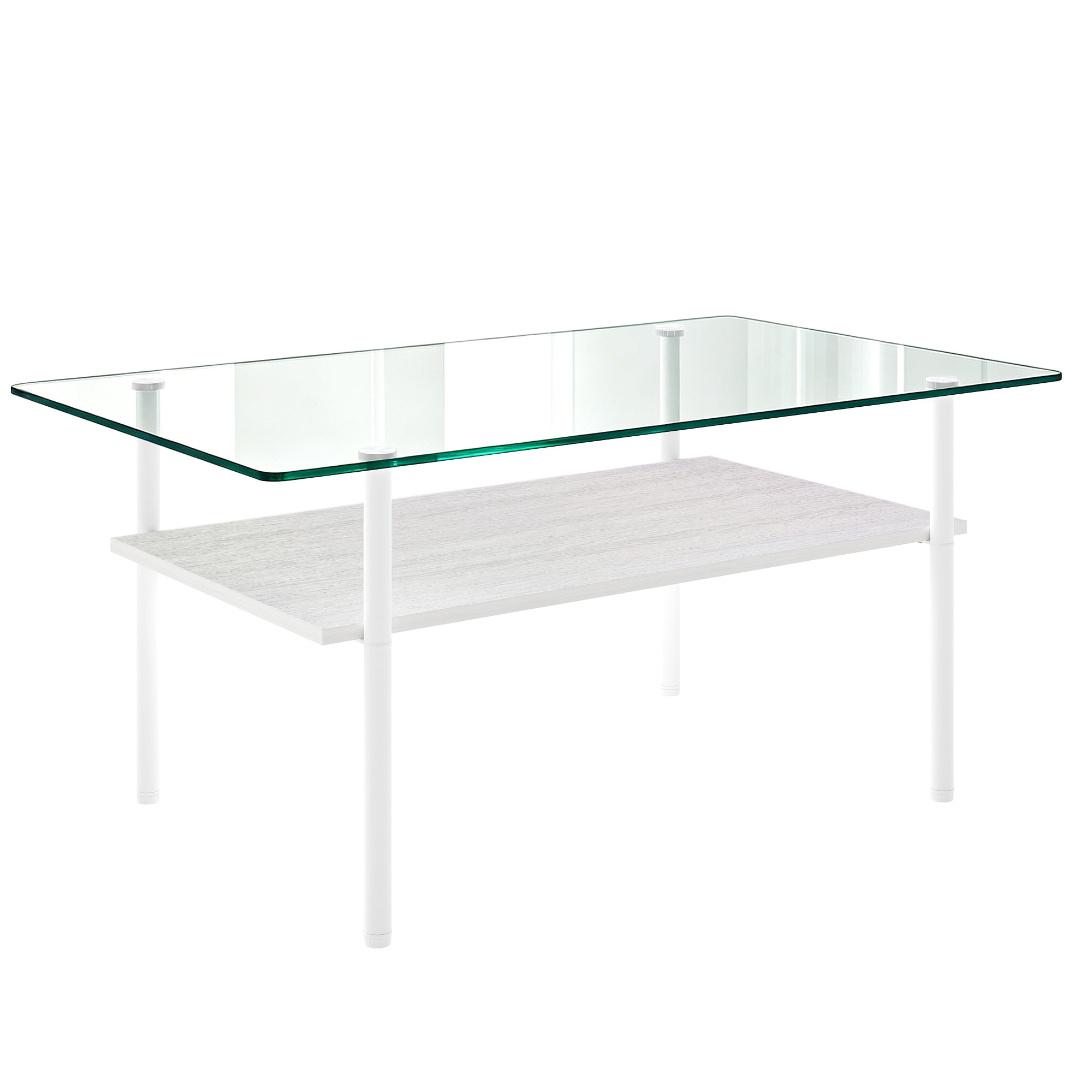 Modern Rectangular Glass Coffee Table with Tempered Glass Top and Wood Shelf, 38.6-Inch Center Table for Living Room, Transparent and White