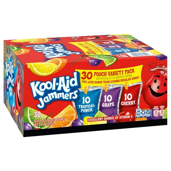 Kool-Aid Jammers Tropical Punch (Grape & Cherry Artificially Flavored Kids Soft Drink Variety Pack, 30 ct Box, 6 fl oz Pouches)(packaging may vary)