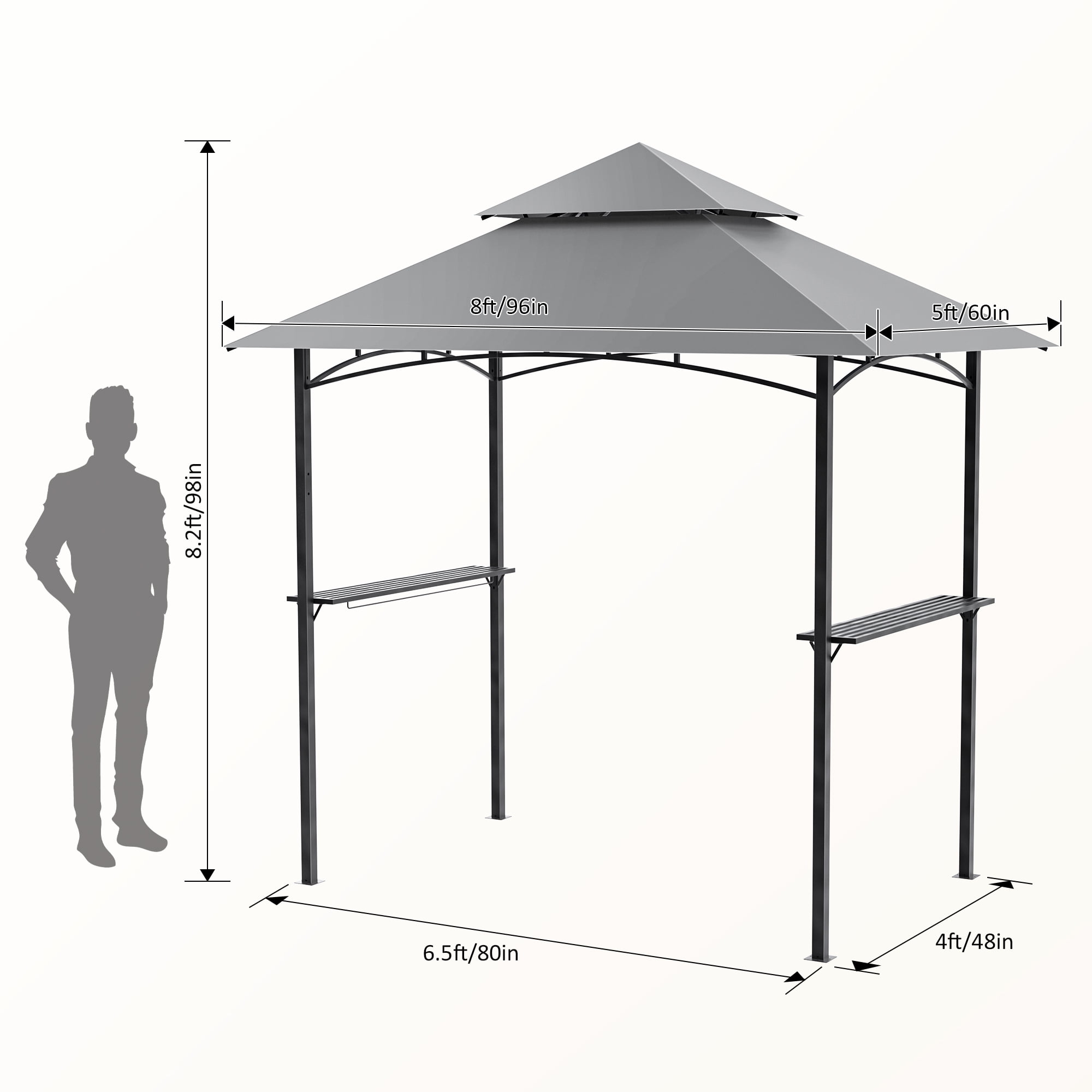 GVDV 8'x 5' Grill Gazebo Canopy, Outdoor BBQ Gazebo Shelter with 2 Side Shelves & Double-Tiered Top