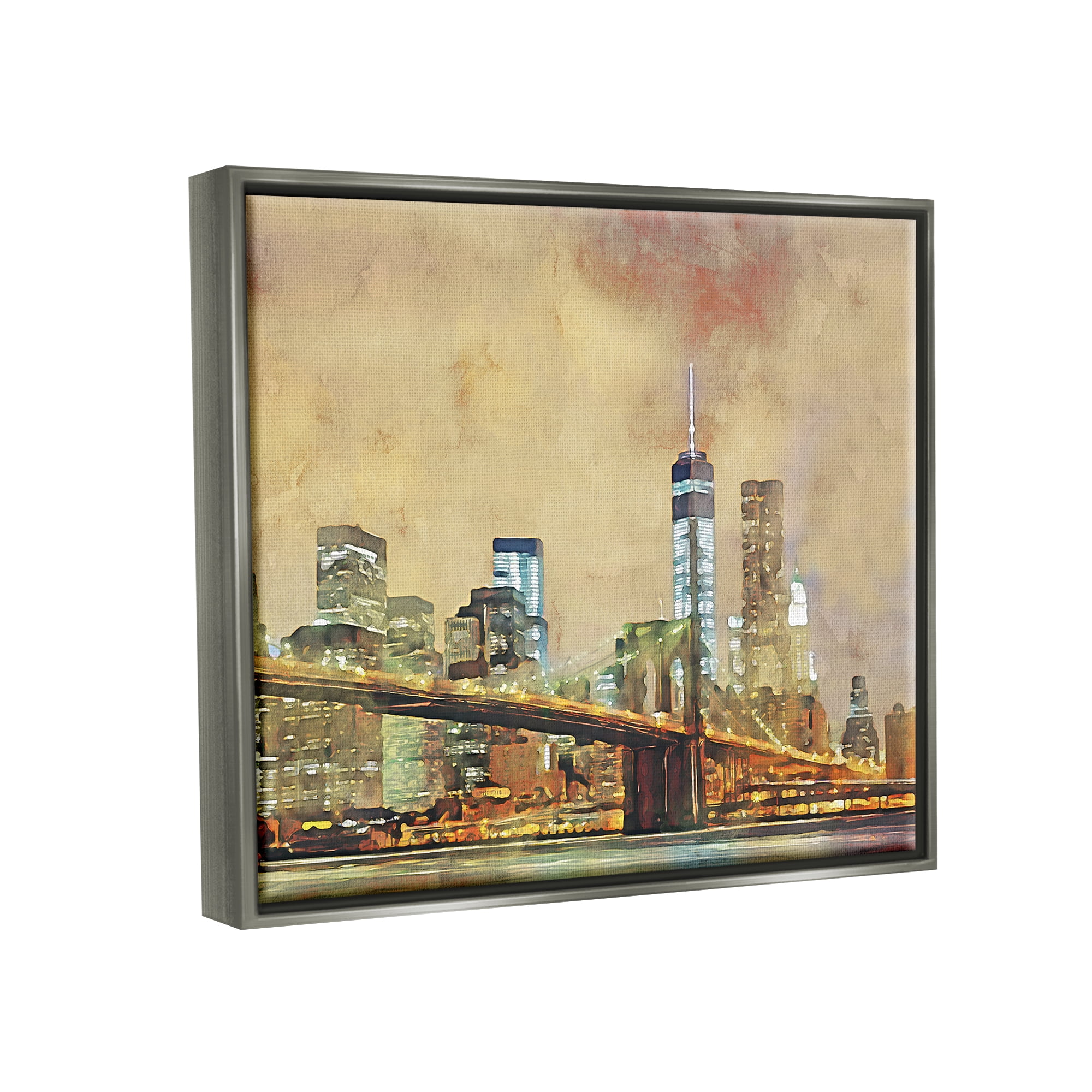 Stupell Urban Cityscape Bridge Metropolis Travel & Places Painting Gray Floater Framed Art Print Wall Art