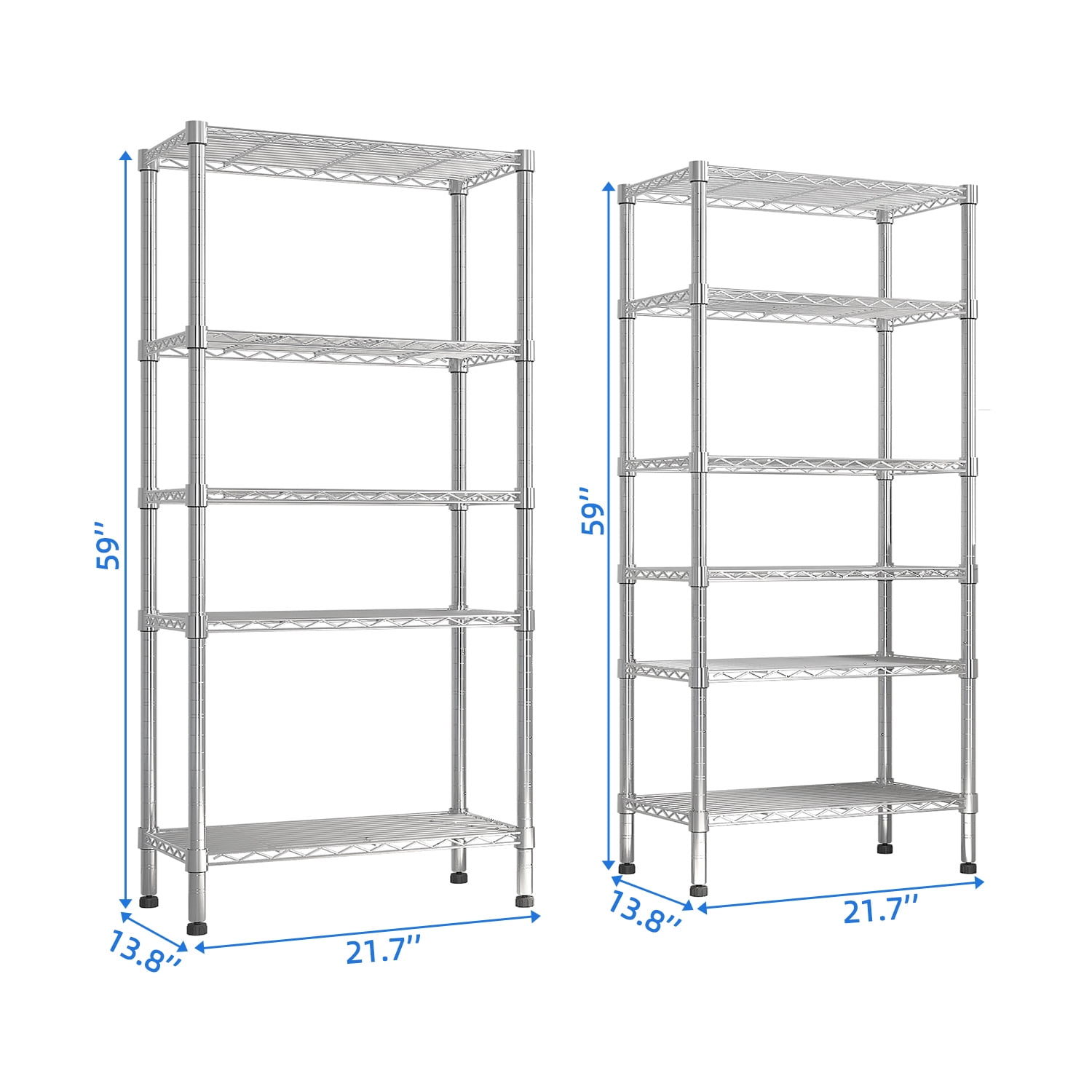 Hassch Multiple Rows Heavy Duty Metal Shelf, NSF Certified Storage Wire Shelving Unit, Adjustable Storage Rack for Garage, Pantry, Kitchen, 62.9"L x 13.78"W x 59.06"H, Silver