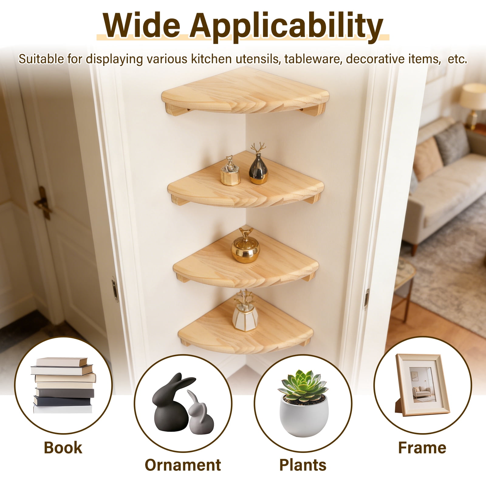 FKSZLL 4Pcs Wall Mounted Corner Shelf 18 cm Wooden Floating Storage Shelf Wall Round End Display Rack with Screw for Home Living Room Bedroom Study