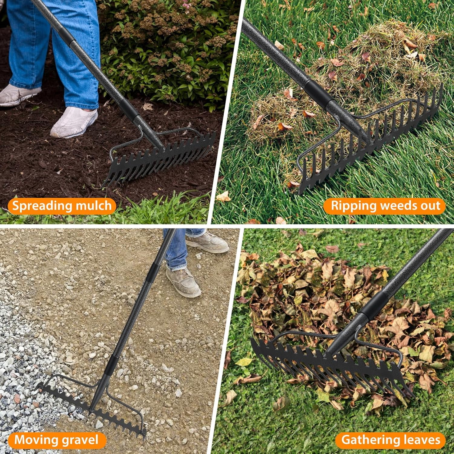FLY HAWK Garden Rake, Rake for Leaves, 62 inch Metal Bow Rake with 17 Tines for Loosening Leveling Soil Gathering Leaf