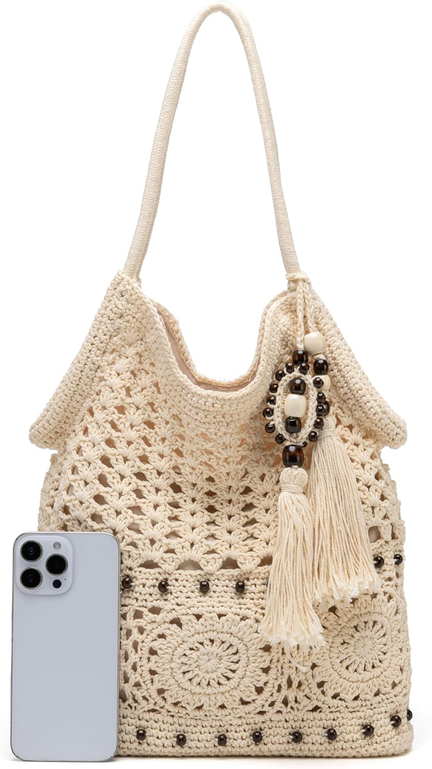 Crochet Hobo Bag for Women Boho Woven Tote Bag Summer Vacation Beach Handbags Bohemian Shoulder Purse with Tassels