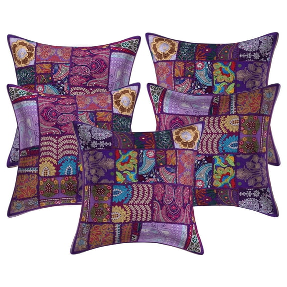 Stylo Culture Ethnic Cotton Home Decor Throw Pillow Covers Purple 18 x 18 Bohemian Vintage Patchwork Ethnic Sofa Cushion Covers 45x45 cm Living Room Abstract Square Pillow Cases | Set Of 5