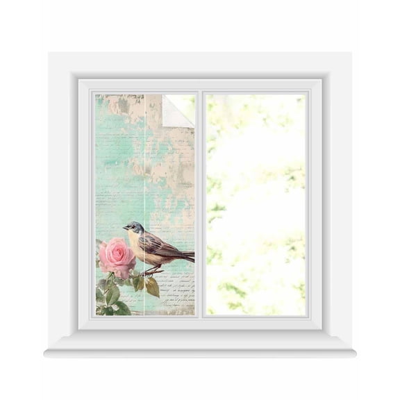 Window Privacy Film Pink Flower Stained Glass Window Film Decorative Sun Block Window Cover Spring Bird Branch Blue Vintage Mottled Window Clings Static Adhesive Sticker for Bathroom 17.7"x39.3"