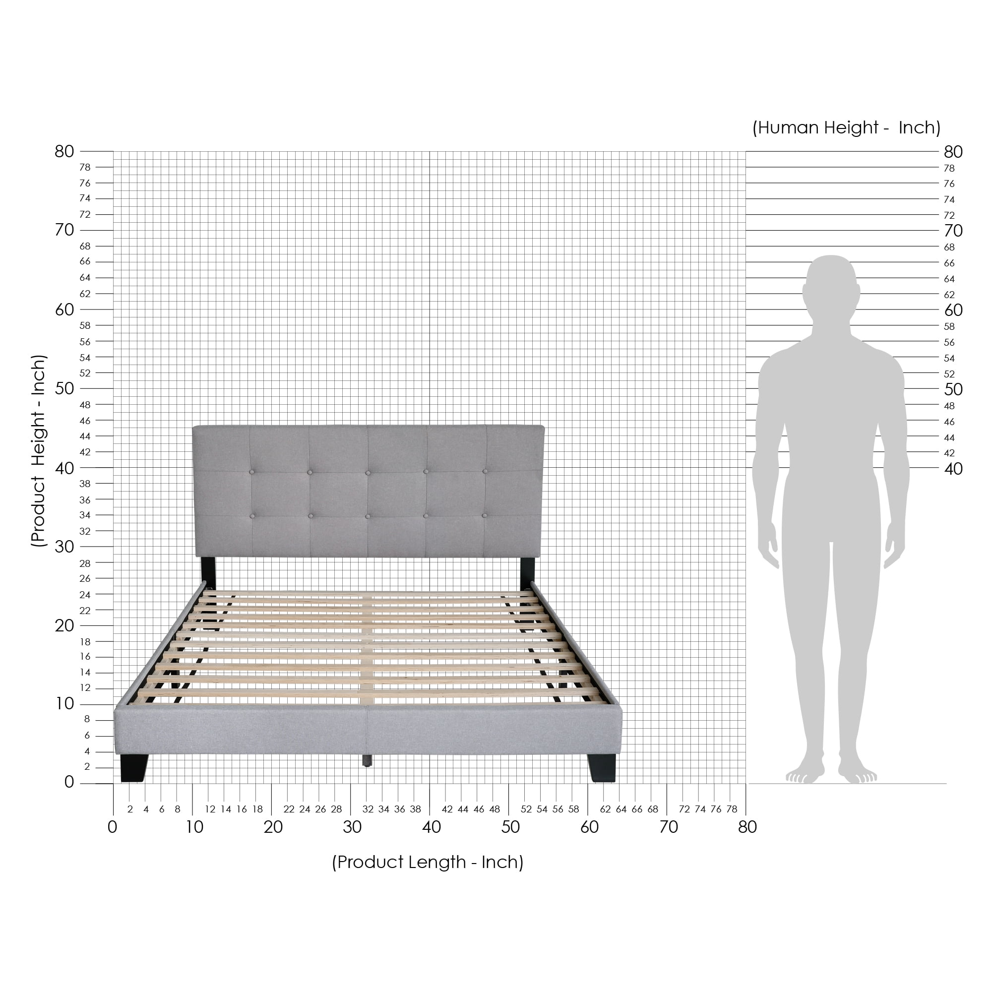 Furinno LAVAL Queen Upholstered Bed Frame with Button-Tufted Headboard and 12-Piece Wooden Slat Support, Light Grey