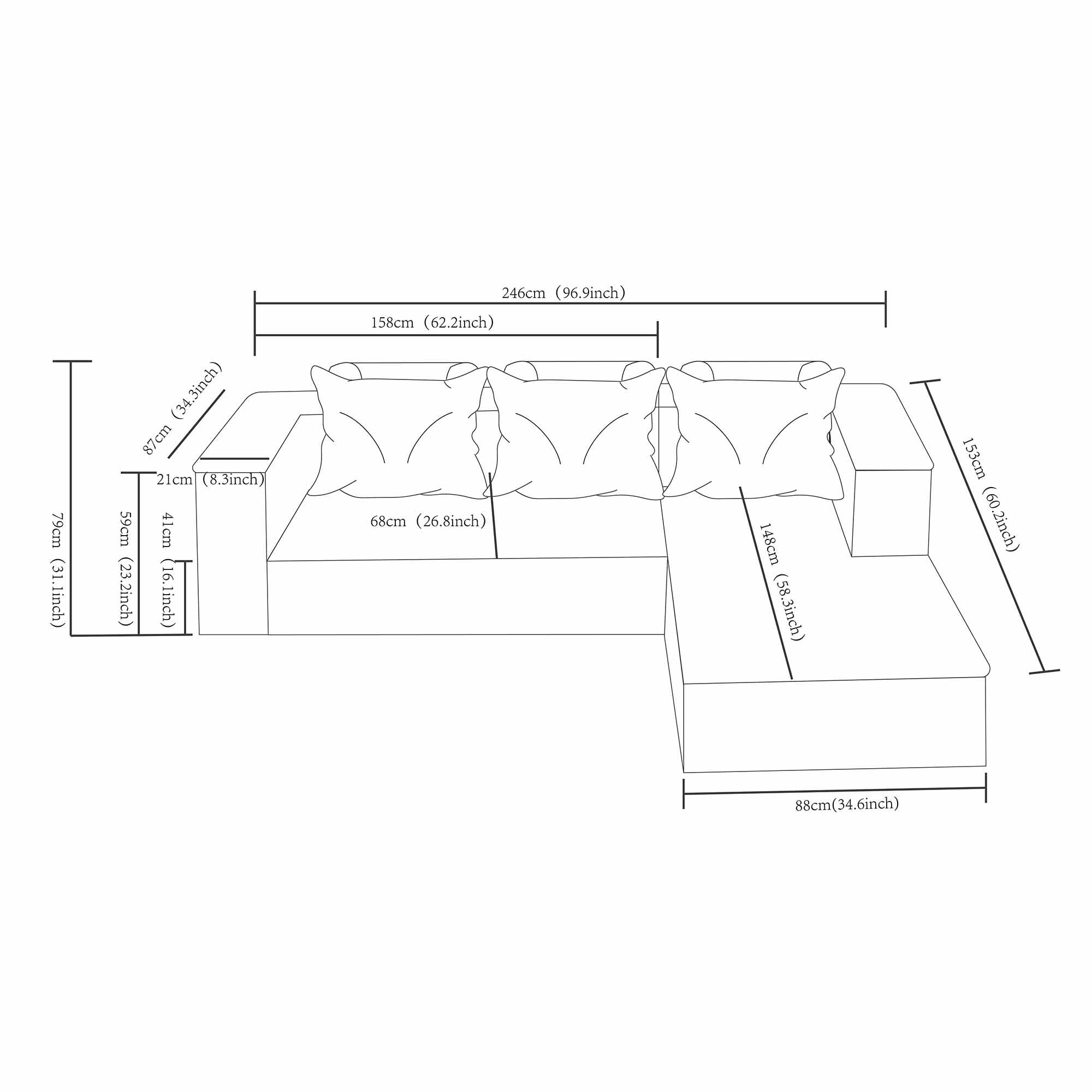 Lunale L-Shaped Modular Sectional Sofa with Movable Chaise, 3-Seater Boneless Cloud Couch for Living Room, Black (Right Facing Chaise)