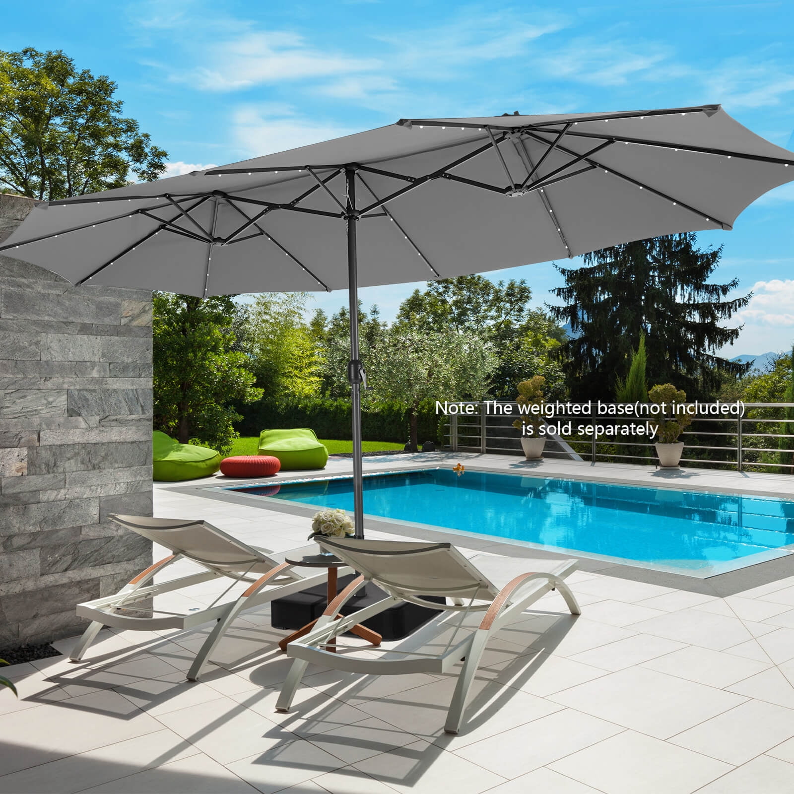 Costway 15 FT Twin Patio Double-Sided Umbrella 48 Solar LED Lights Crank Outdoor Gray