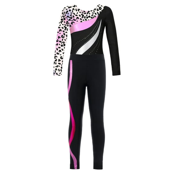 Haitryli Girl's Long Sleeve Gymnastics Leotard Ballet Dance Jumpsuit Bodysuit and Skating Sports Leggings Pants Set Leopard&Hot Pink 8