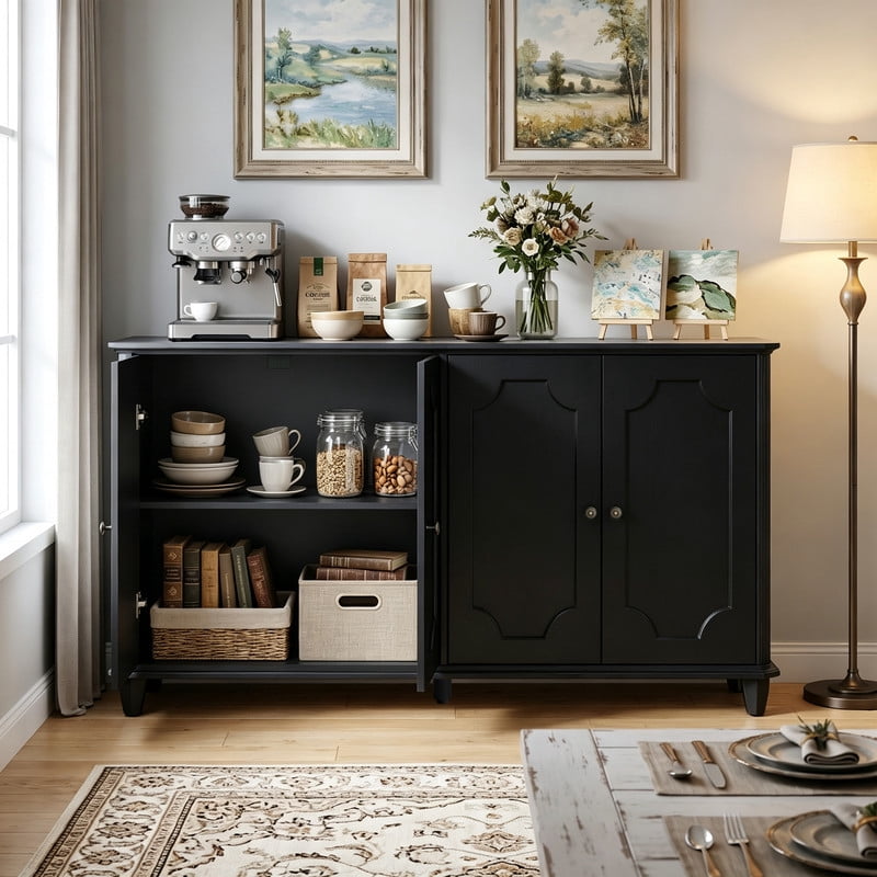 Vintage Farmhouse Buffet Sideboard Cabinet, 4 Embossed-Door Storage Cupboard, Versatile Cabinet with Adjustable Shelf