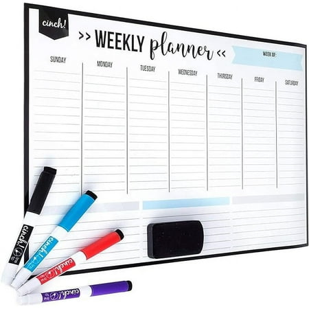 Cinch Magnetic Dry Erase Weekly Calendar for Fridge: with Stain Resistant Technology - 17x12" - 4 Fine Tip Markers and Large Eraser with Magnets - Whiteboard Organizer Planner