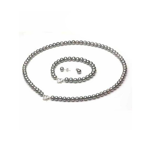 ADDURN 7-8mm Grey Freshwater Pearl Heart-Shape Sterling Silver Necklace (18"), Bracelet (7") Set with Bonus Pearl Stud Earrings