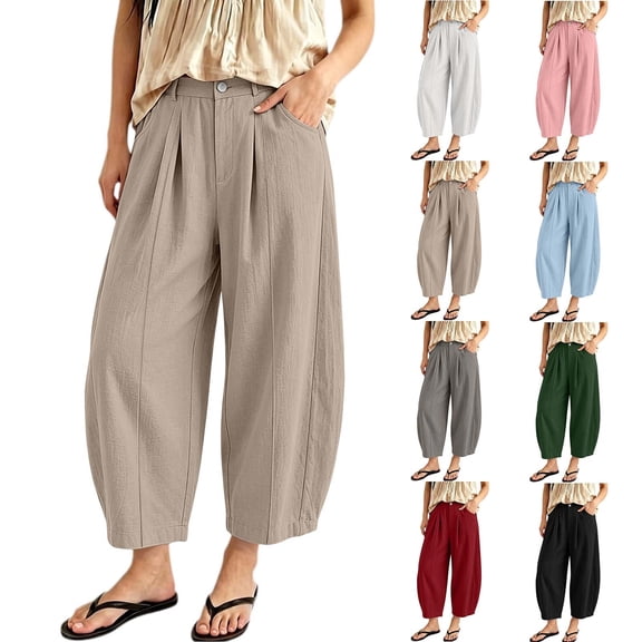 HomeDM Pants for Women Cotton Blend High Waisted Lounge Trousers Khaki Wide Leg Athletic Work Pants with Pockets Size L