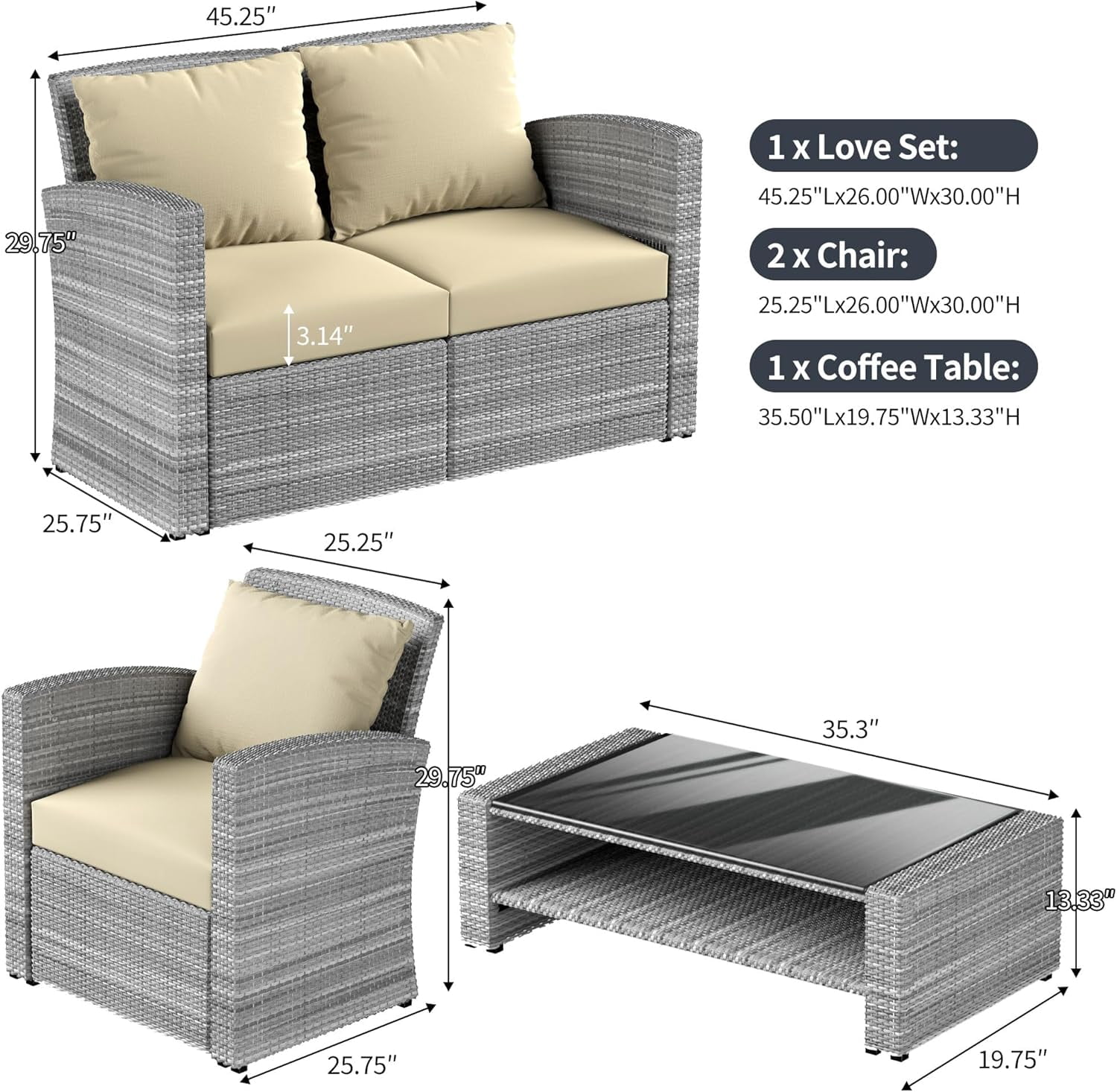 4 Pieces Patio Conversation Set, Outdoor Furniture Set with Cushion, Outside Sectional Rattan Wicker Sofa  Furniture Set for Garden, Porch, Backyard, Khaki