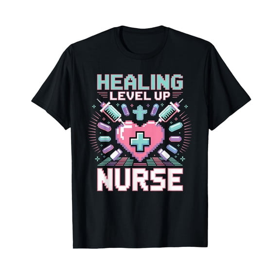 Funny Gaming Nurse Pixel Art Healing RN T-Shirt - Level Up Style