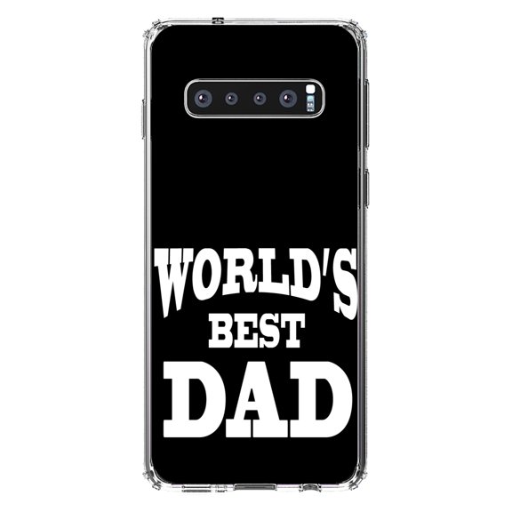 DistinctInk Clear Shockproof Hybrid Case for Samsung Galaxy S10  PLUS(6.4" Screen) - TPU Bumper, Acrylic Back, Tempered Glass Screen Protector - Black White World's Best Dad - Happy Father's Day