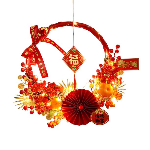 Corona de Año Nuevo chino, corona para puerta de entrada, corona 2024, corona para pared, festival, chimenea al aire libre, LED, bayas rojas, decoración del hogar, corona para Año Nuevo y Festival de