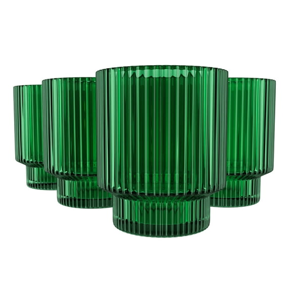 American Atelier Vintage Art Deco Set of 4 Fluted Drinking Glasses, Ribbed Glassware for Cocktail, Gin, Whiskey & More, Green