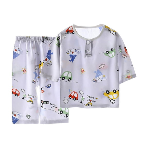 Toddler Kids Summer T-Shirt Set Thin Pajamas for Boys Girls Home Clothes 2-Piece Three-Quarter Length Cute Printed Round Neck Shirt Elastic Loose Shorts Sets