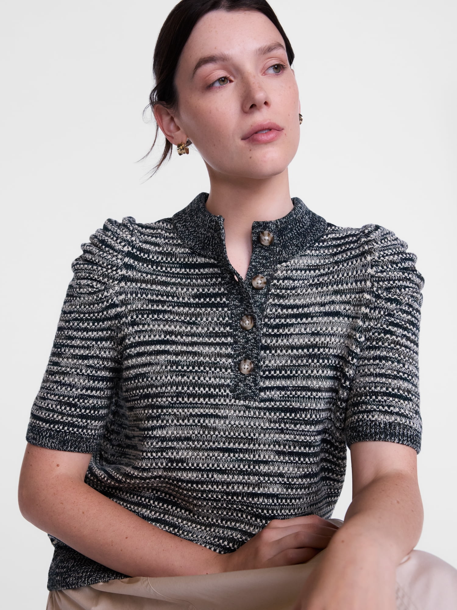 Scenario Women's and Women's Plus Henley Sweater with Puff Sleeves, Lightweight, Sizes XS-4X