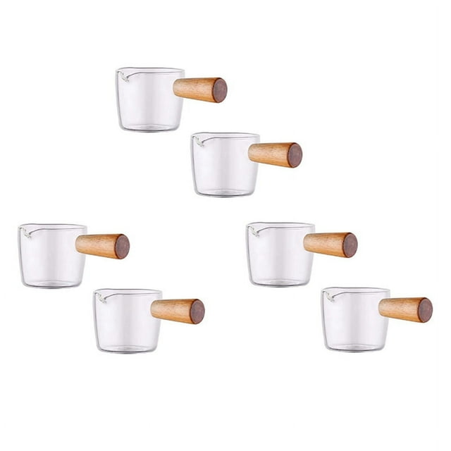 Crema de Vidrio Transparente de 6 Piezas con Manija de Madera, Mini Jarra de Crema de Leche para Café. 50Ml