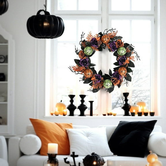 YOTQUSKI Halloween Wreath with Artificial Pumpkin Handmade Black Maple Leave Pumpkin,17.72'' Front Door Decorations for Indoor Outdoor Home Halloween Festival Decoration