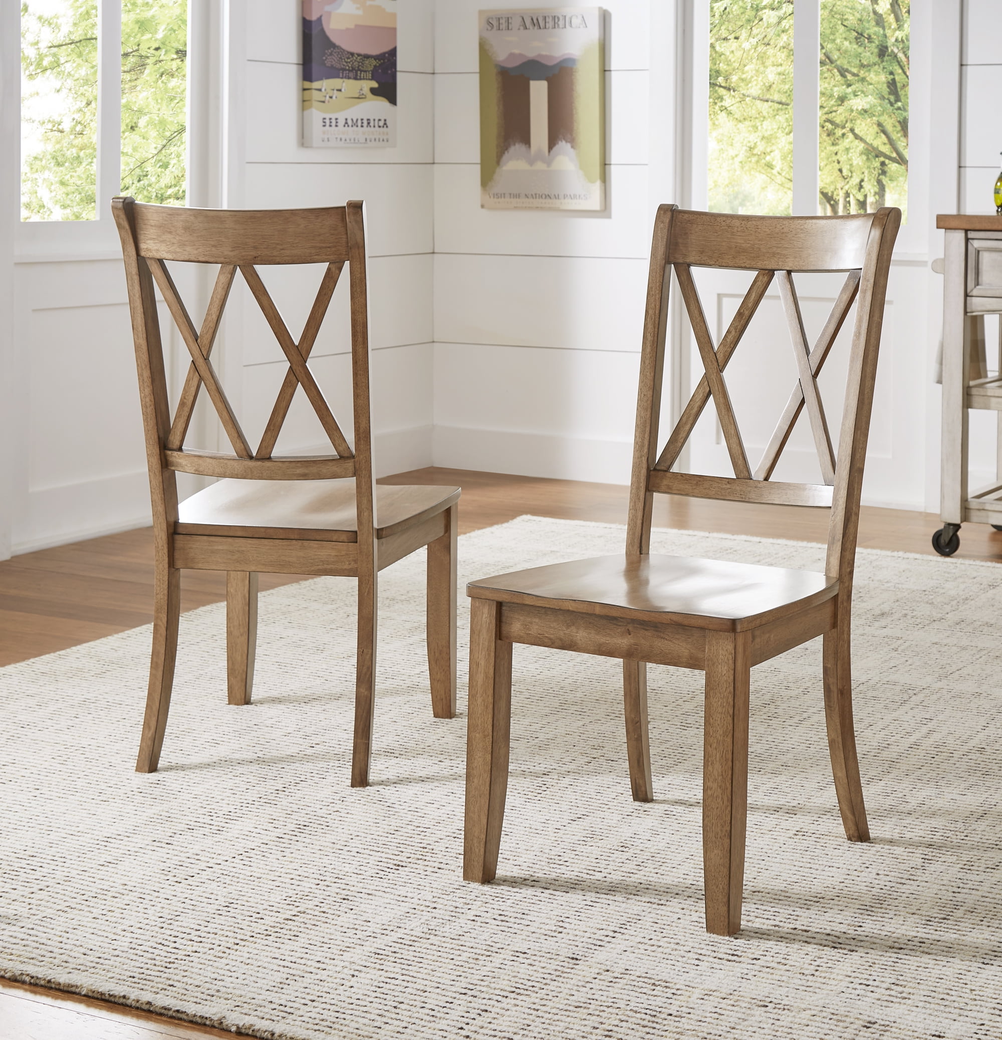Weston Home Farmhouse Wood Dining Side Chair, Oak (Set of 2