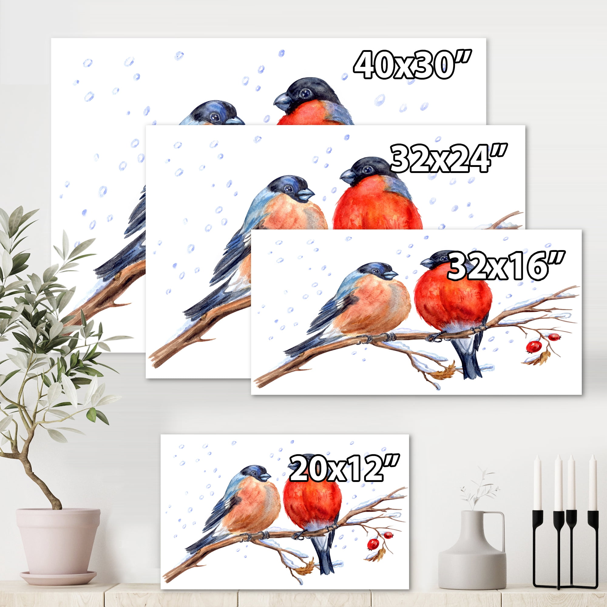 Two Bullfinches On A Hawthorn Branch with Snowfall In Winter 12 in x 8 in Painting Canvas Art Print, by Designart