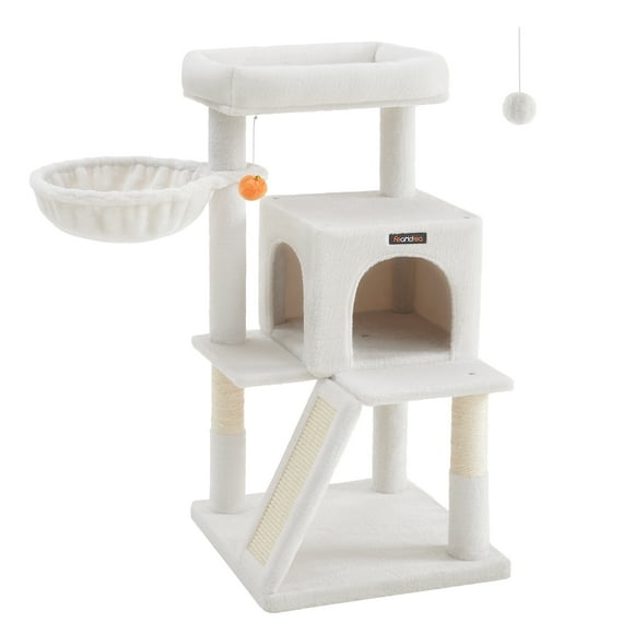 Feandrea Cat Tree, Small Cat Tower with Widened Perch for Large Cats Indoor, Kittens, 37.8-Inch Multi-Level Cat Condo, Scratching Posts and Ramp, 2-Door Cat Cave, Cat Basket