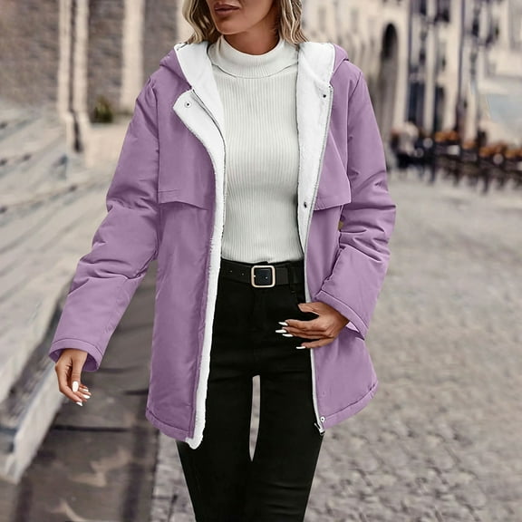 SYMOID Womens Purple Fleece Lined Warm Hooded Coat - Nylon Spandex Fabric, Mid-Length Loose Fit, S-XXL Sizes for Fall Winter Early Cool Weather,Size L