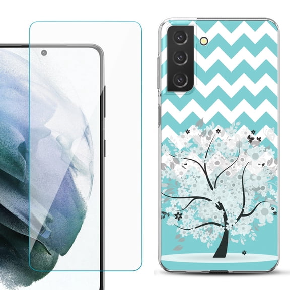 Slim-Fit TPU Fashion Phone Case for Samsung Galaxy S21 FE 5G Fan Edition, with Tempered Glass Screen Protector, by OneToughShield ® - Chevron/Tree