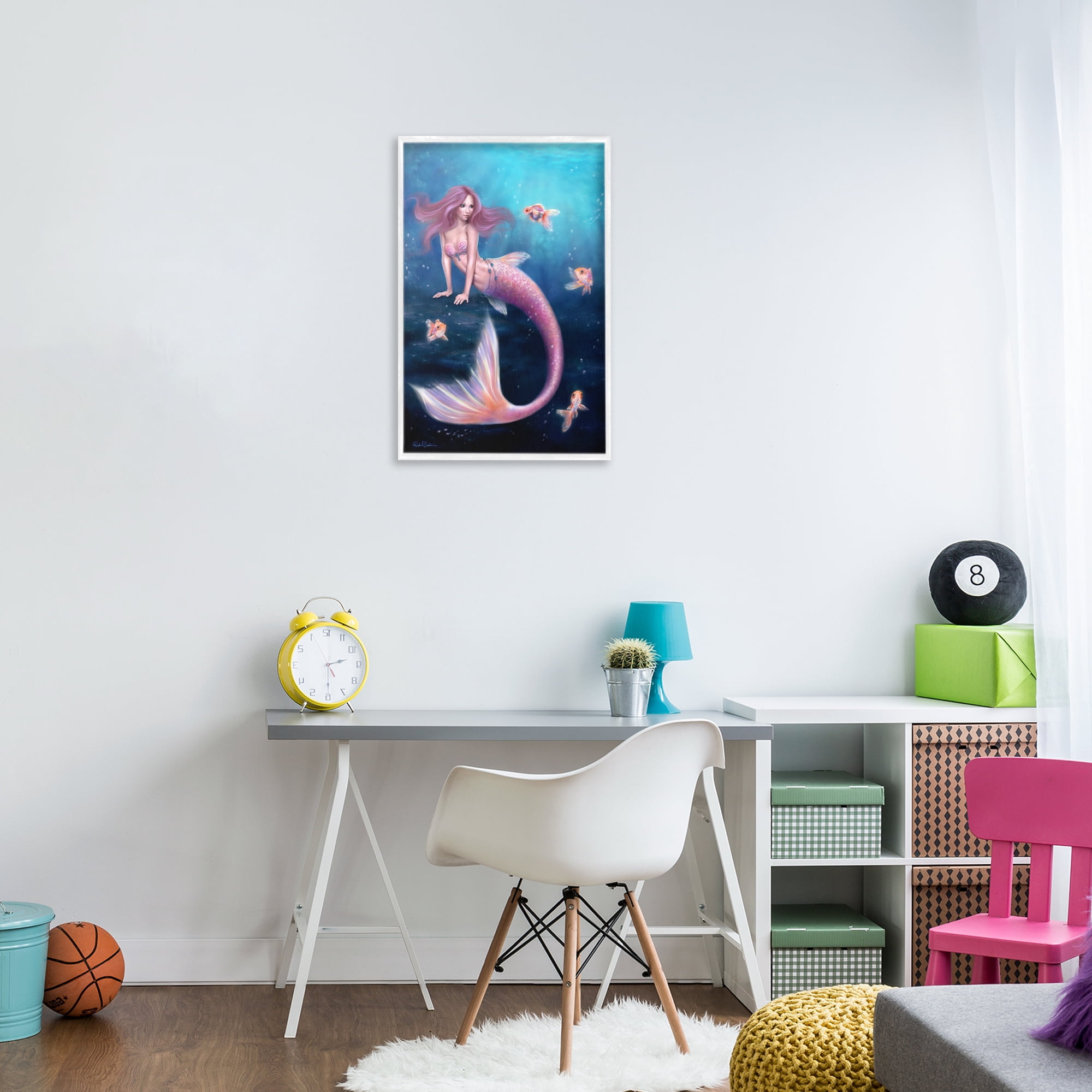 Aurelia Mermaid & Fish White Framed Giclee Art, design by Rachel Anderson
