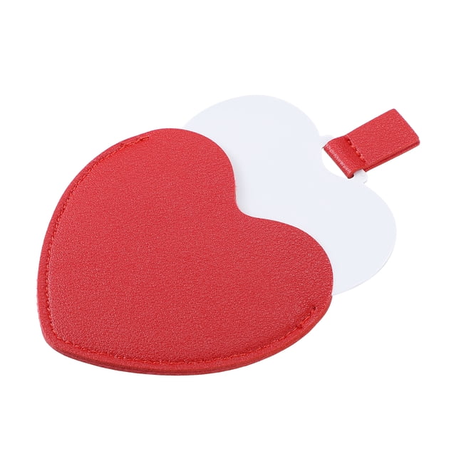Espejo compacto en forma de corazón de acero inoxidable, mini espejo de viaje con estuche de cuero de PU, espejo portátil de mano para maquillaje para viajar, acampar, rojo oscuro