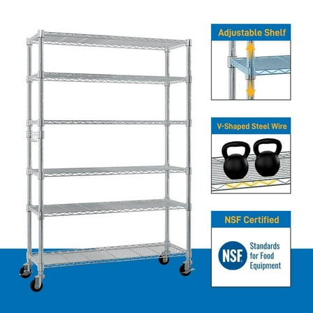 BOBOKY Heavy Duty 6-Tier Metal Shelving Unit Garage Storage Rack with Lockable Wheels Adjustable Shelves for Pantry Kitchen Laundry Organization.