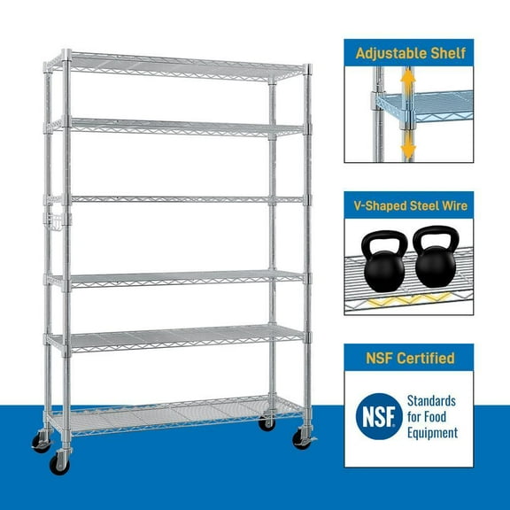 BOBOKY Heavy Duty 6-Tier Metal Shelving Unit Garage Storage Rack with Lockable Wheels Adjustable Shelves for Pantry Kitchen Laundry Organization.