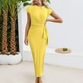 thumbnail image 2 of QHFBli Maxi Bodycon Dresses for Women Round Neck Short Sleeve Ruched Belted Summer Long Dress Business Casual Sundress, 2 of 5