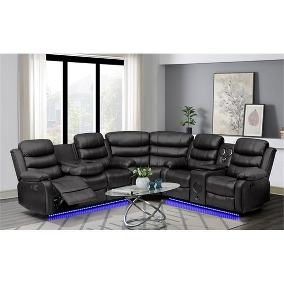 Bowery Hill Modern LED Faux Leather Reclining Sectional in Black