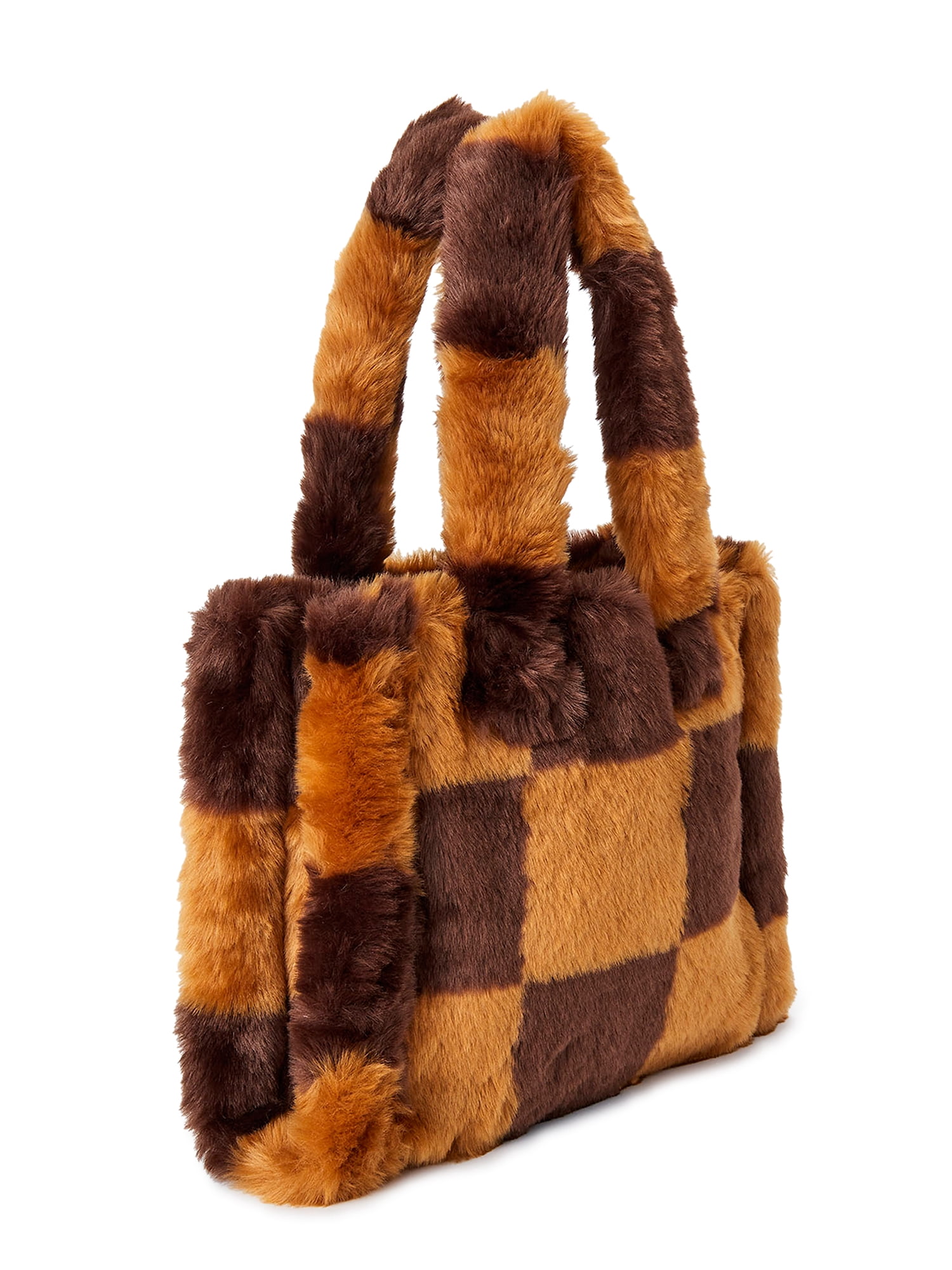 No Boundaries Women's Square Sherpa Tote Bag Brown Checker - Small