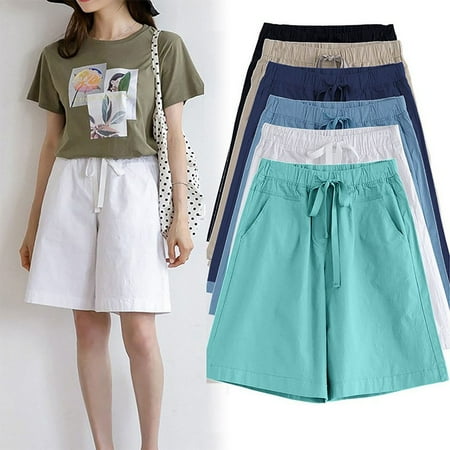 Fartey Casual Shorts for Women Plus Size Summer Elastic High Waisted Drawstring Wide Leg Short Pants Loose Lightweight Bermuda Shorts with Pockets Blue 7XL