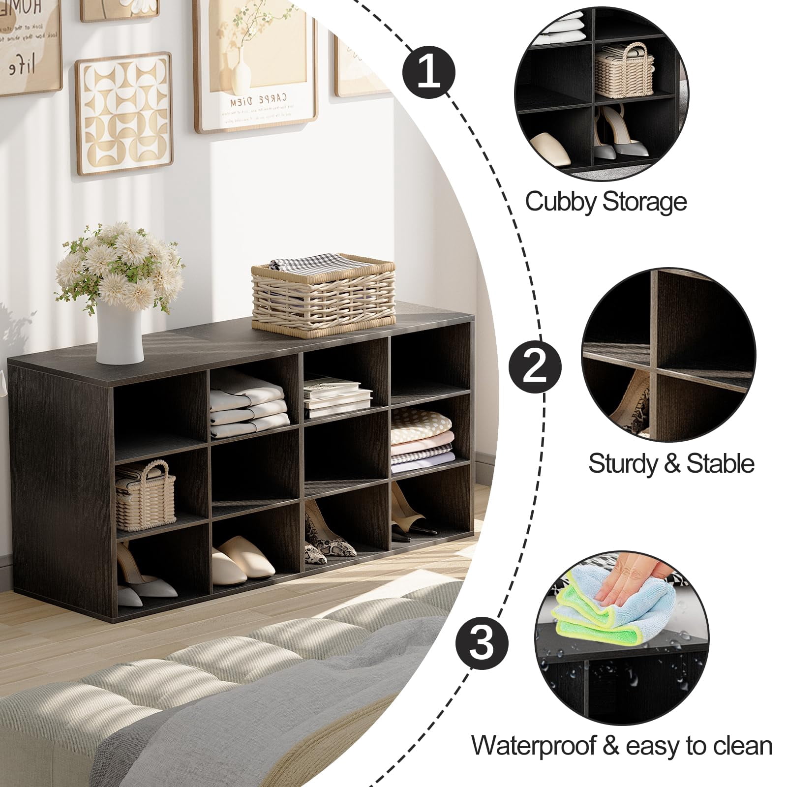 Shoe Storage Bench, Cubby Shoe Rack with 12 Cubbies, 3-Tier Wood Shoe Rack Organizer, Shoe Organizer Cabinet for Entryway, Hallway, Closet and Garage, Black
